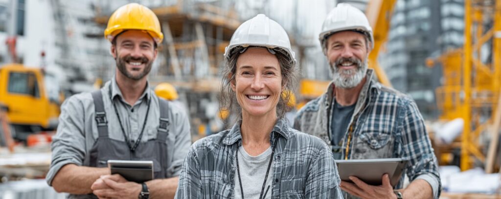Three smiling construction workers in hard hats stand on a building site, holding tablets, with cranes in background.