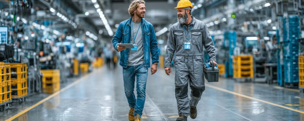 Two men walking and talking in a brightly lit factory, one with a tablet, the other in work overalls and a hard hat.