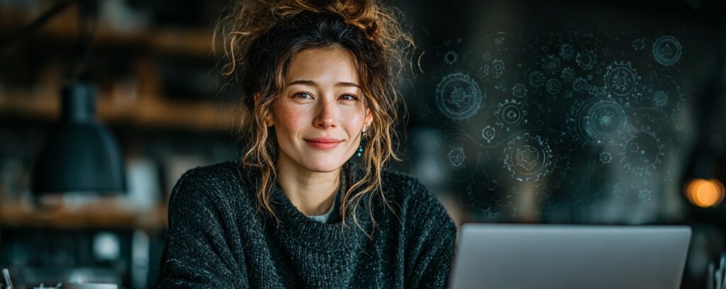 Woman smiling at a desk with a laptop, gears and technology graphics in the background.