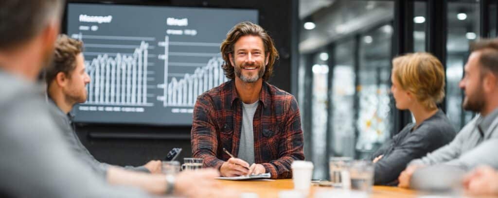 Smiling man leads a business meeting with charts displayed on a screen behind him.