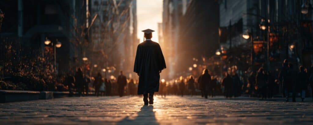 A graduate in cap and gown walks alone down a city street at sunset, with crowds in the background.