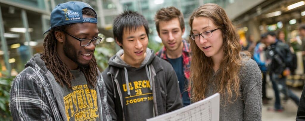 Four students standing together indoors, looking at a large sheet of paper and smiling.