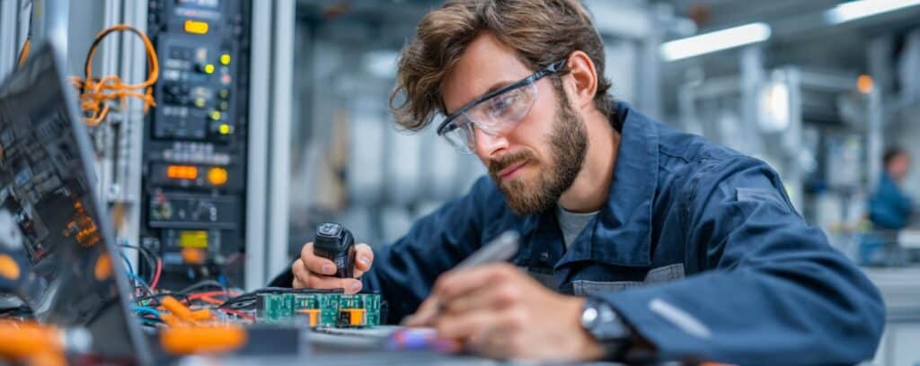 Engineer in safety glasses examines a circuit board at a lab bench.