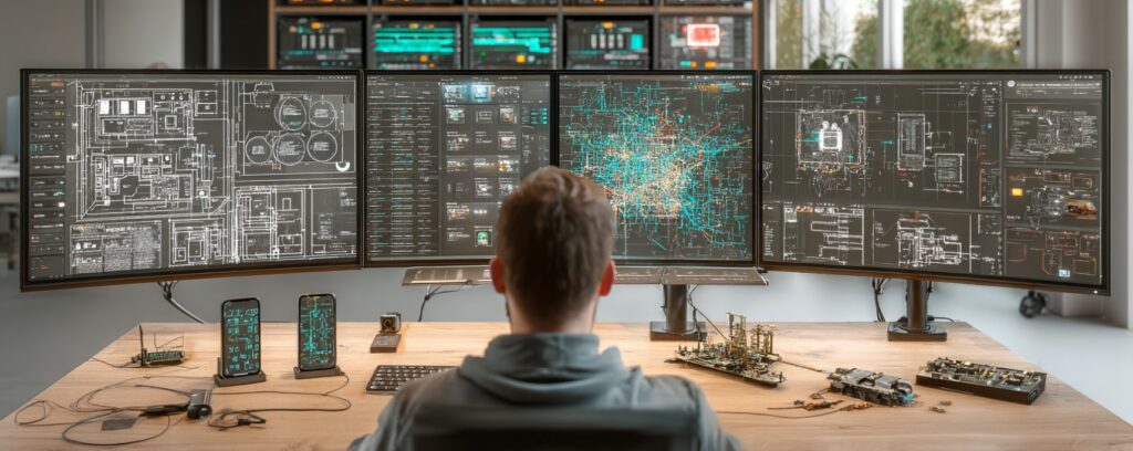 A person works at a desk with several large monitors in a tech-heavy office.