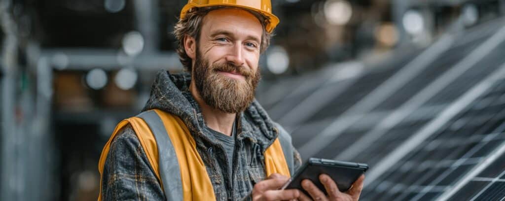Smiling worker in safety gear uses a tablet near solar panels at an industrial site.