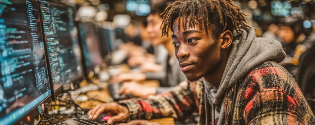 Young man in a plaid jacket coding on a computer in a busy tech workspace with others in the background.