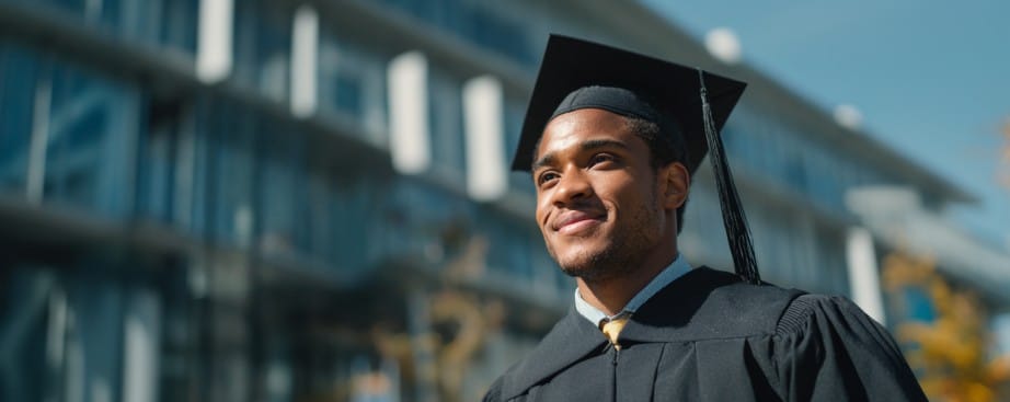 A young graduate in a cap and gown smiles, standing outside a modern building on a sunny day.