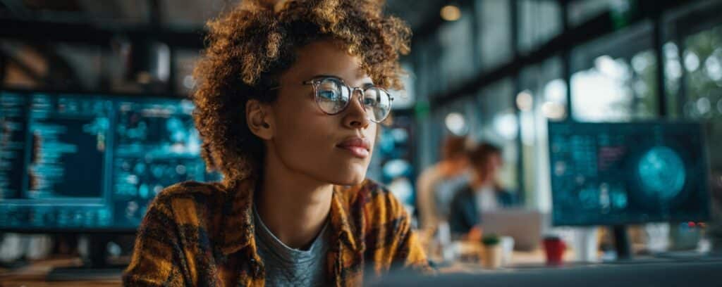 A focused person with glasses works at a computer in a modern office with multiple monitors.
