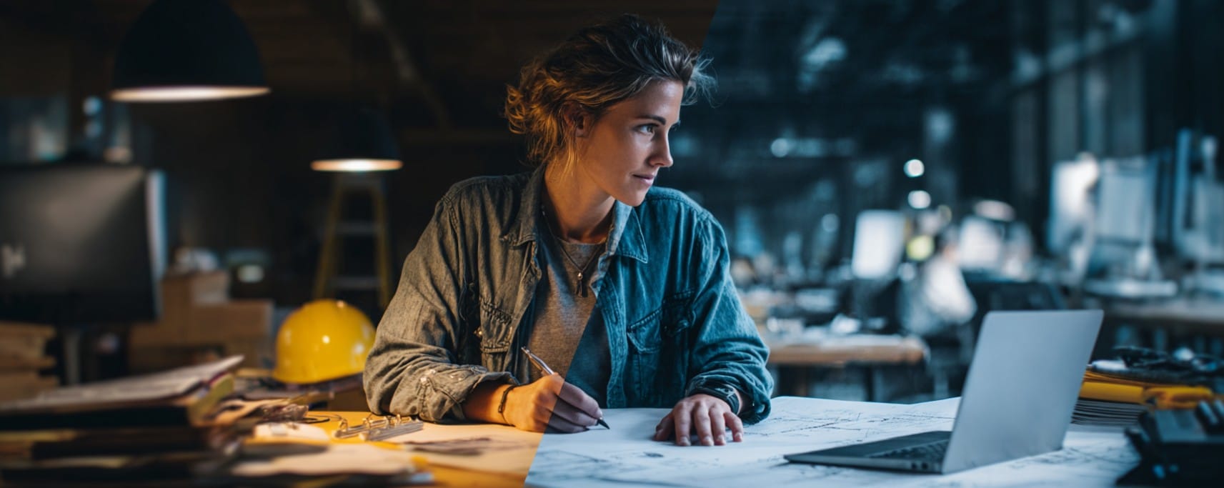 A woman works at a desk with papers and a laptop in a dimly lit, modern office.