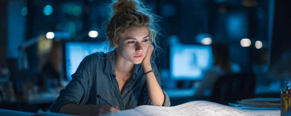 A woman studies engineering blueprints at a desk in a dimly lit office late at night.