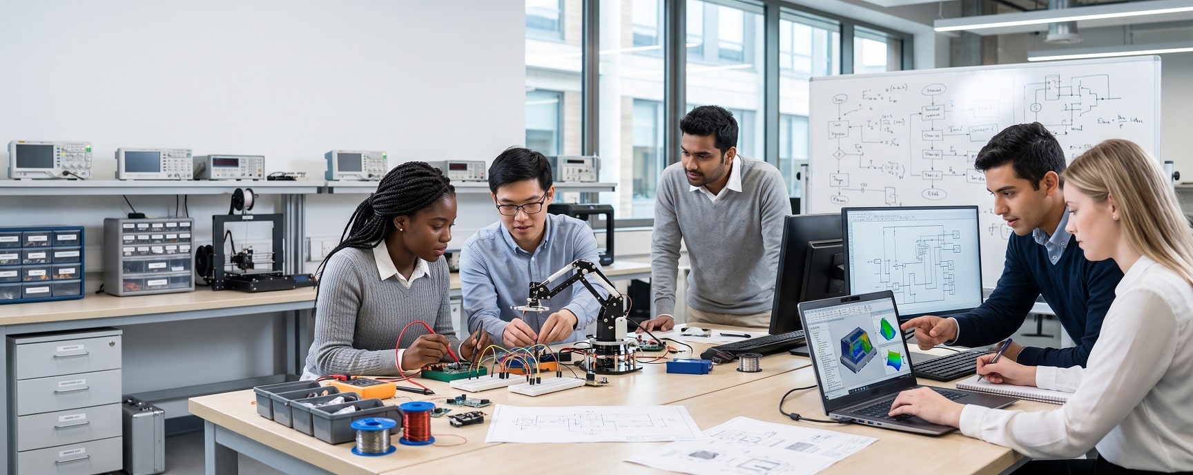 Five people collaborate on electronics and coding projects in a modern lab with diagrams and equipment visible.