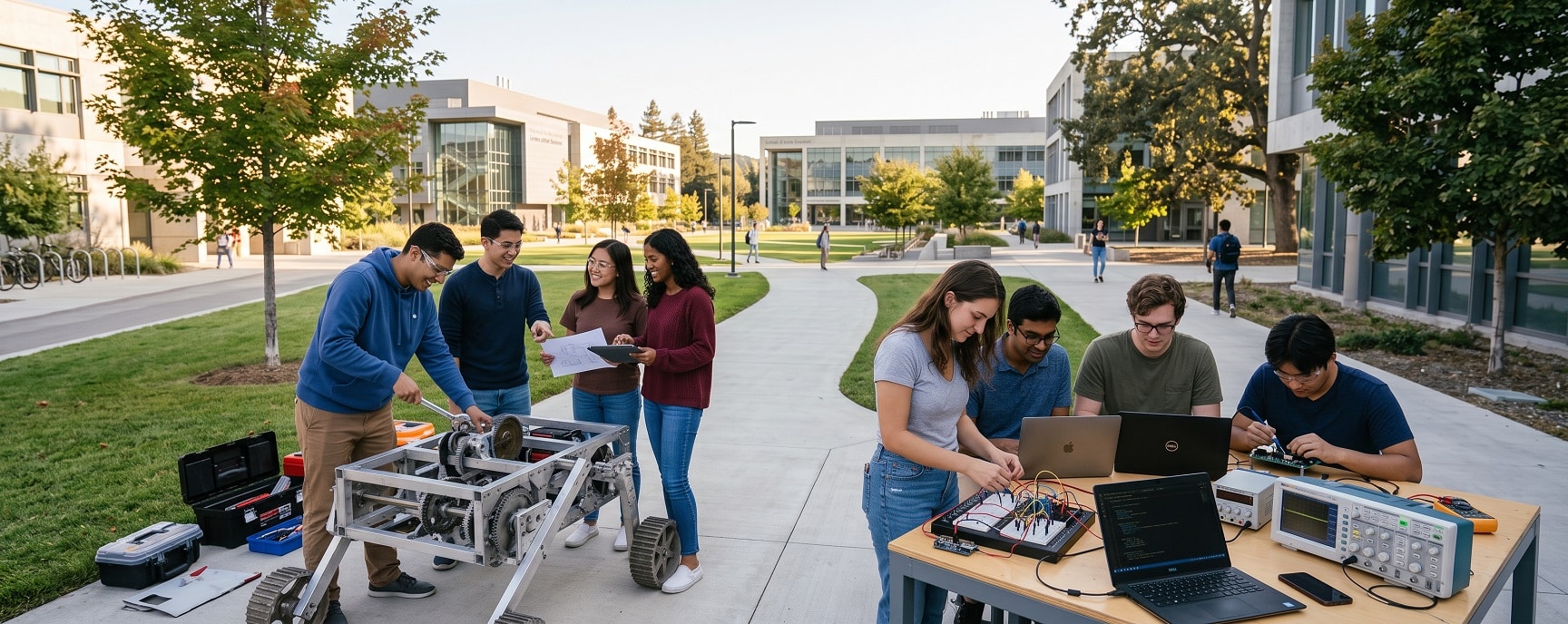 Students work on robotics and electronics projects outdoors on a university campus with buildings in the background.