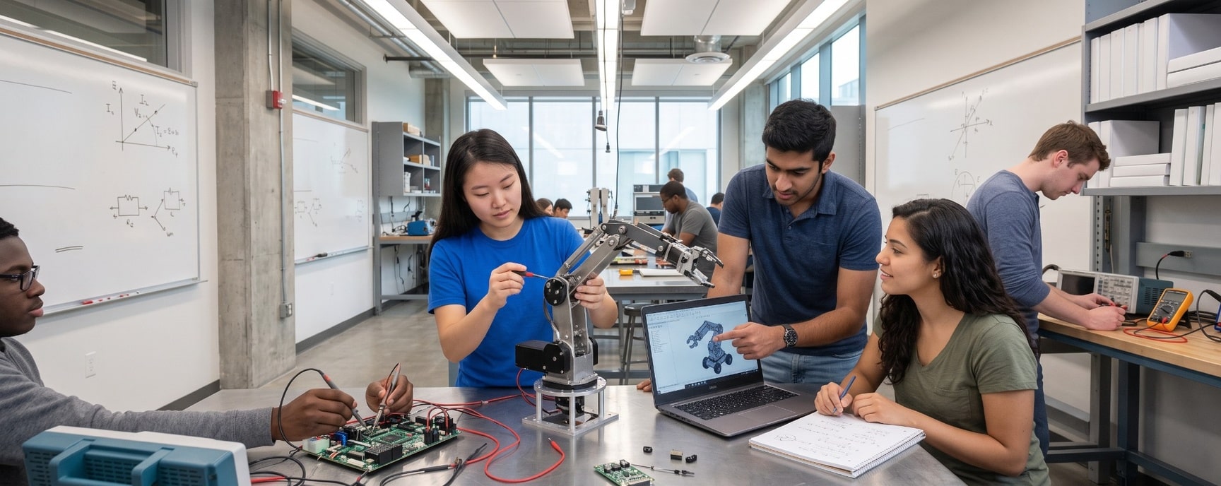 Students work together on robotics and electronics projects in a modern classroom with whiteboards.