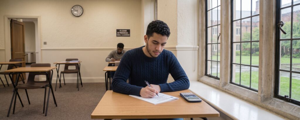 Two students sit at desks taking a test in a classroom with large windows and a wall clock.