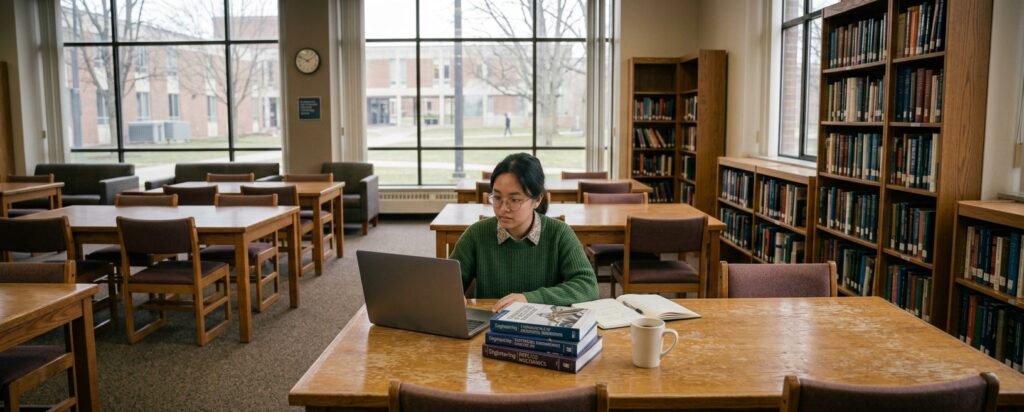 A person studies at a library table with a laptop, books, and notes; shelves and windows in the background.