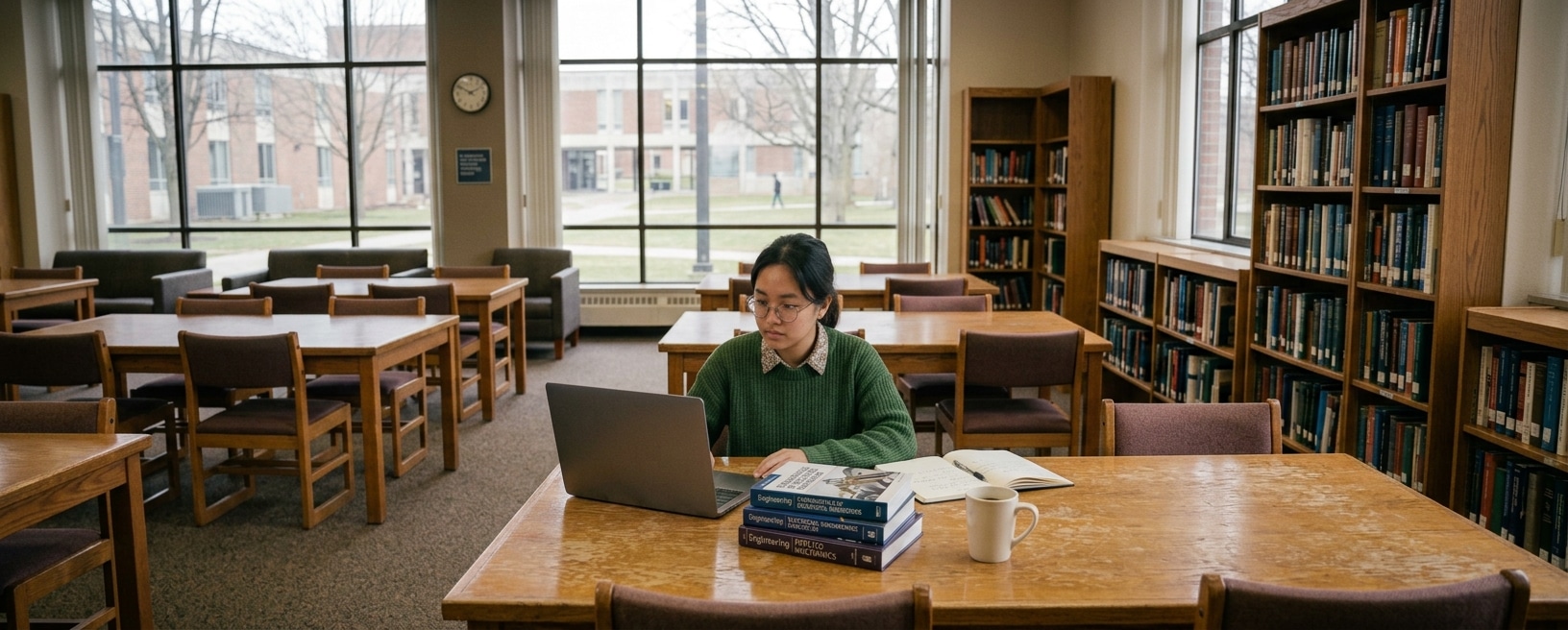 A person studies at a library table with a laptop, books, and notes; shelves and windows in the background.