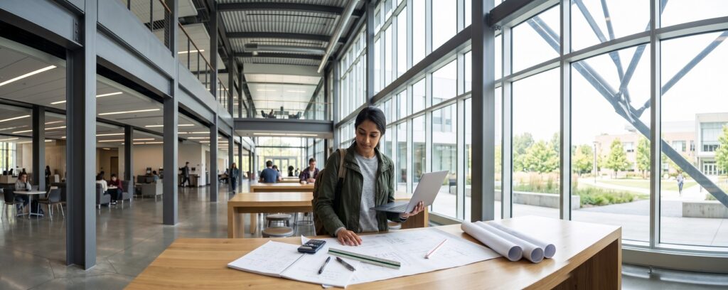A student with a laptop stands at a desk covered in architectural drawings in a large, modern office building.